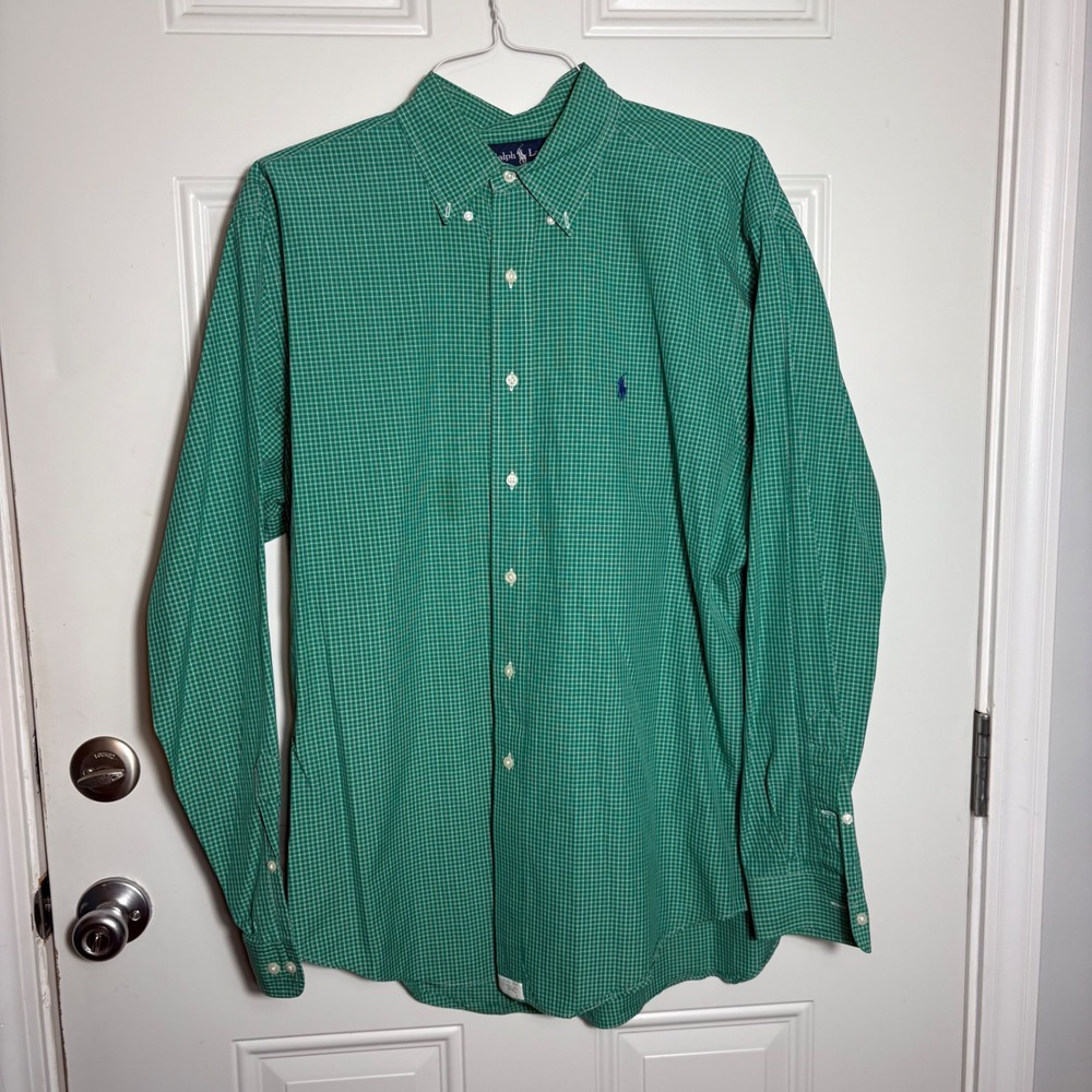 Ralph Lauren Mens Classic Fit Green Check Button Down Shirt 16.5 L Long Sleeve